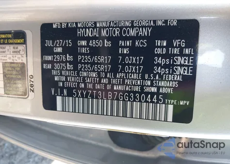 2016 Hyundai Santa Fe Sport 2.4L из США, поврежденный, VIN 5XYZT3LB7GG330445